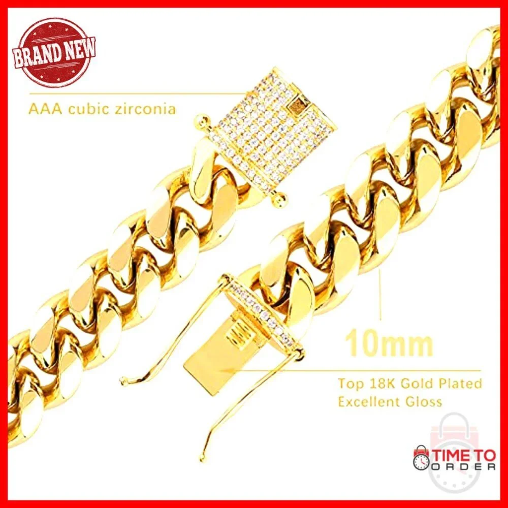 Men's 18K Gold Plated Cuban Link Chain Set 10mm Stainless Steel Necklace - Picture 2 of 6